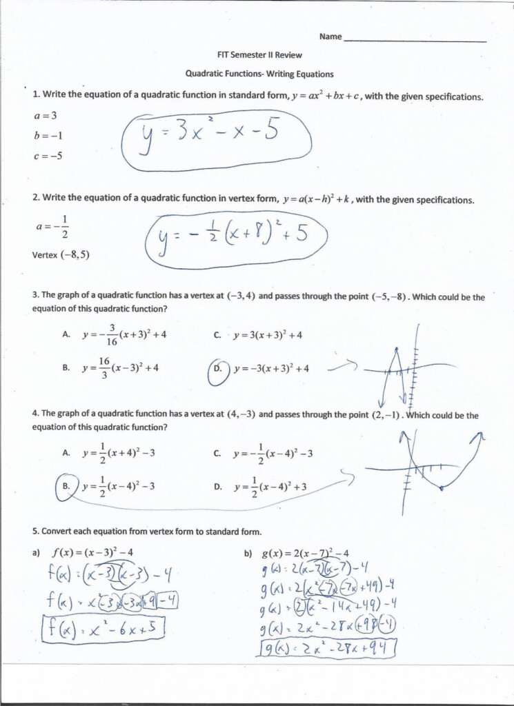 Characteristics Of Quadratic Functions Worksheet Answer Key Kayra Excel