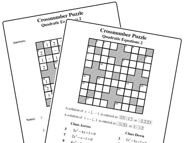 Crossnumber Puzzle Quadratic Equation 2 Teaching Resources