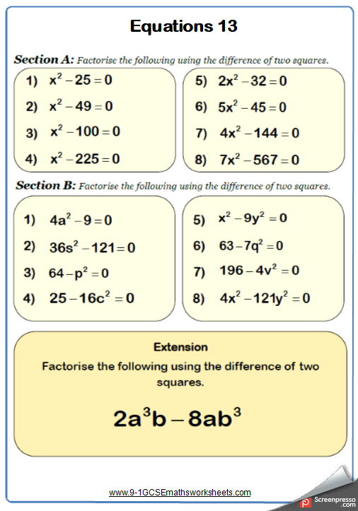 Difference Of Two Squares Maths Worksheet Quadratics Solving 