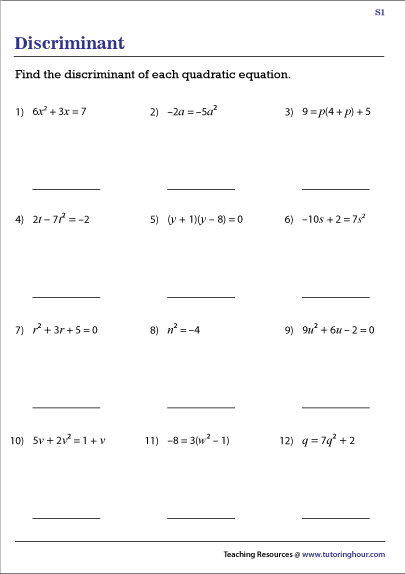 Discriminant Worksheets