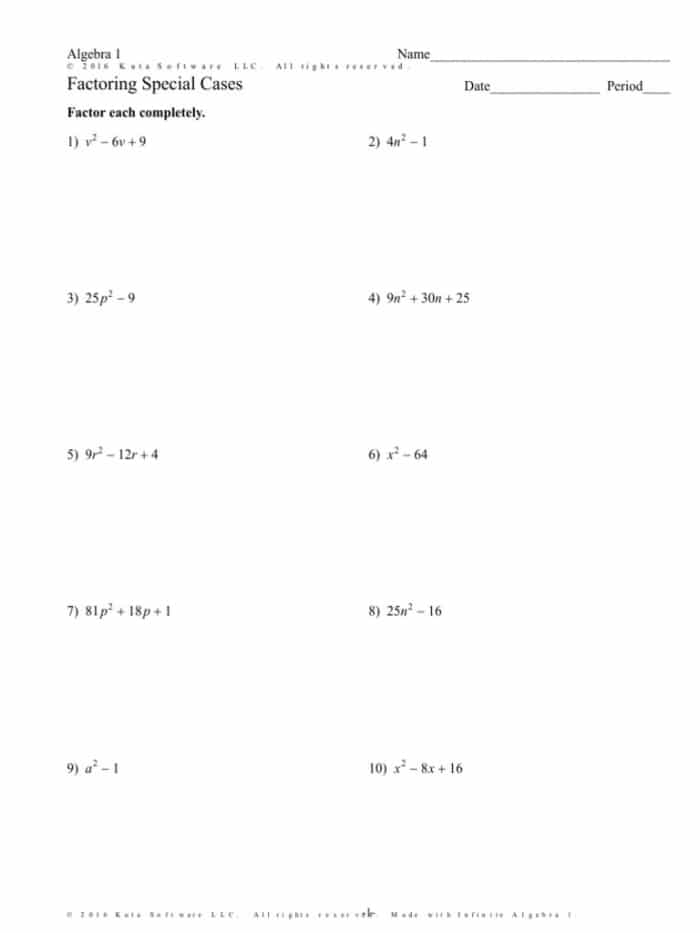 Factor Quadratics Special Cases Algebra 1 Math Worksheets Free 