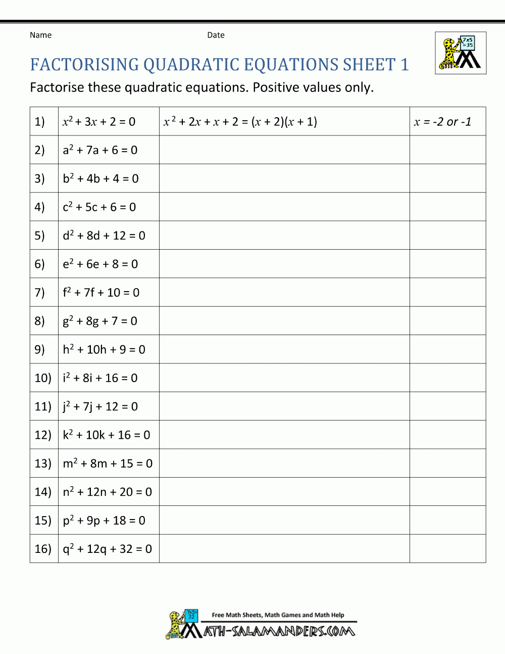 Factoring Quadratic Trinomials Worksheet