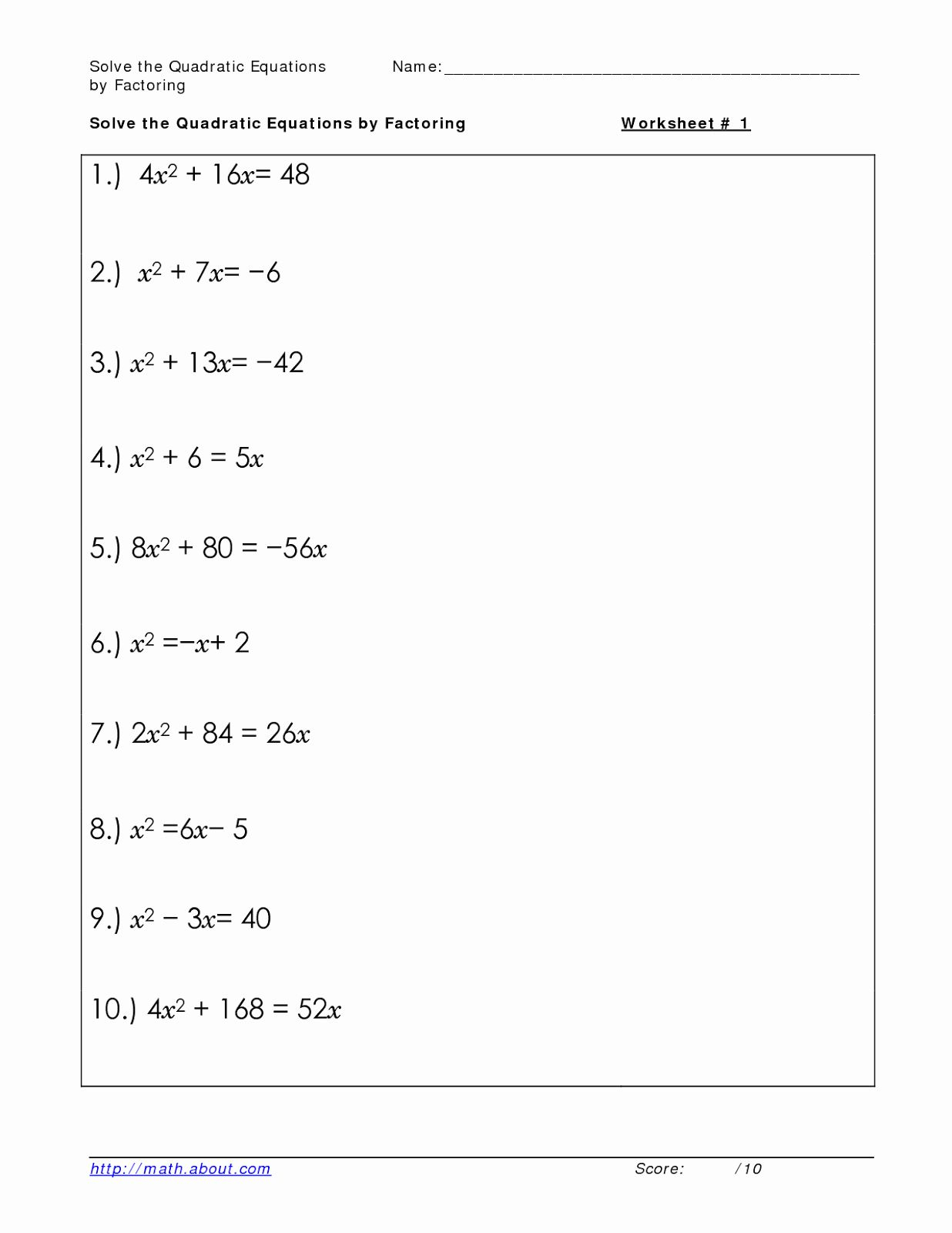 Factorising Quadratic Equations Worksheets