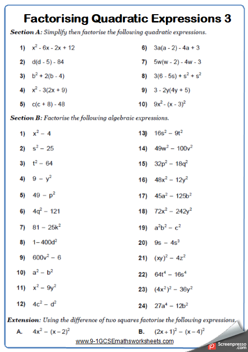 Factorising Quadratics Worksheets Practice Questions And Answers
