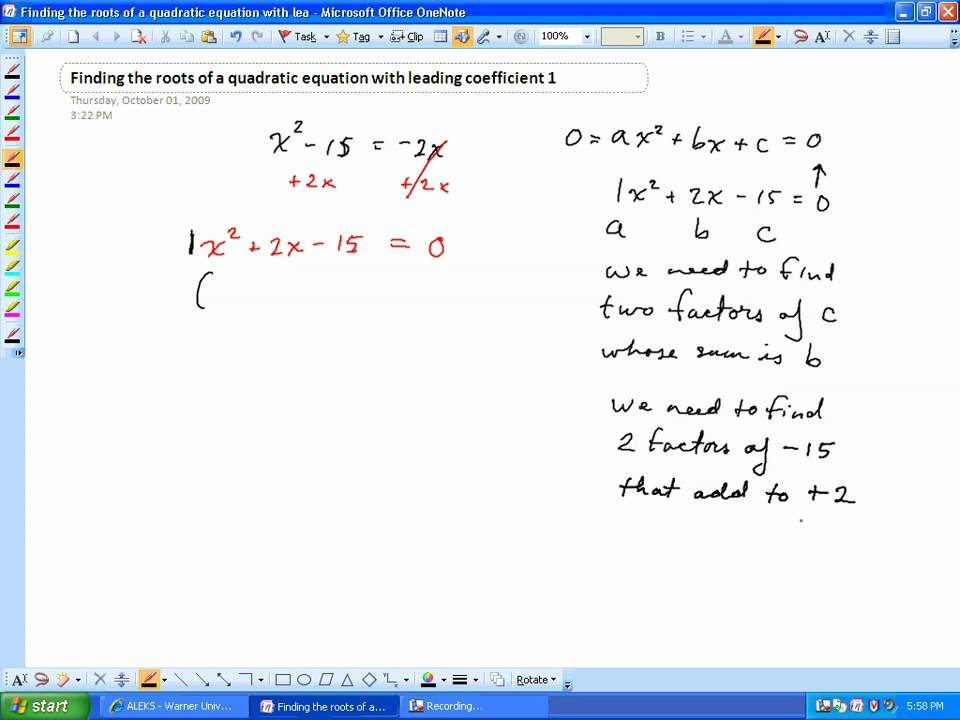Finding The Roots Of A Quadratic Equation With Leading Coefficient 1 