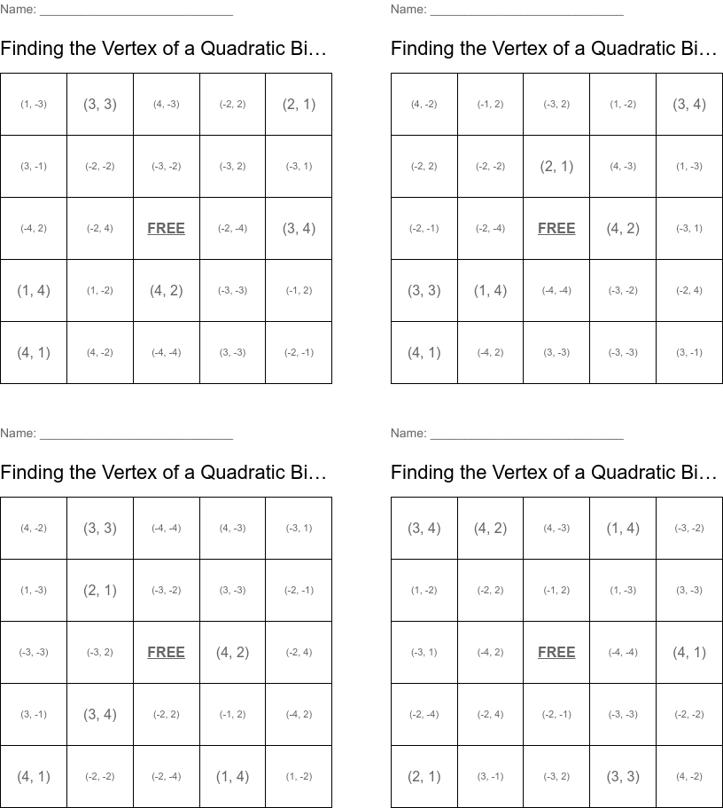 Finding The Vertex Of A Quadratic Bingo WordMint