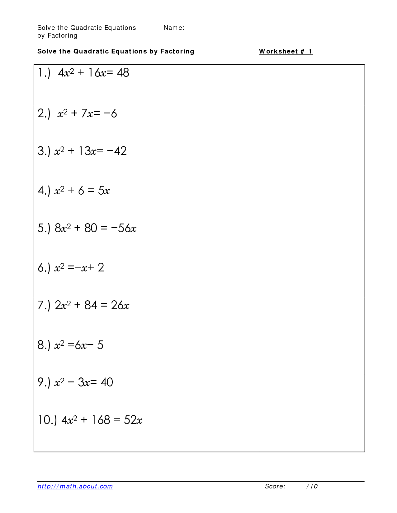 Free Printable Math Worksheets Quadratic Equations Backup Gambar