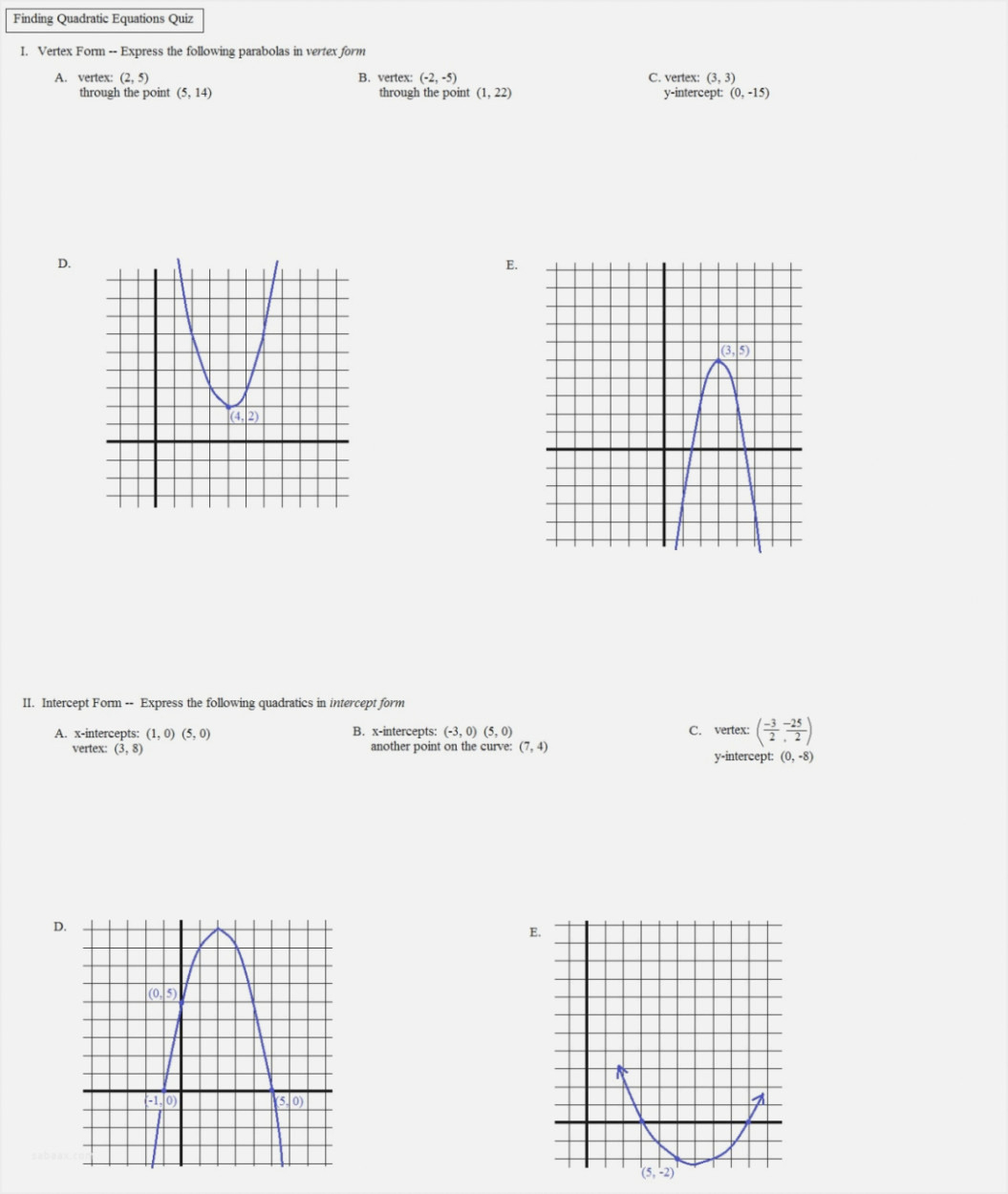 Graphing A Parabola From Vertex Form Worksheet Answers Db excel