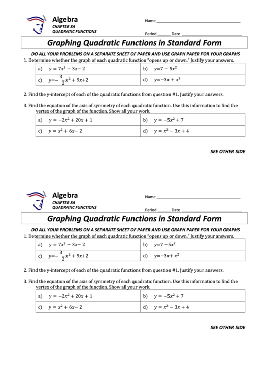 Graphing Quadratic Functions In Standard Form Math Worksheet 