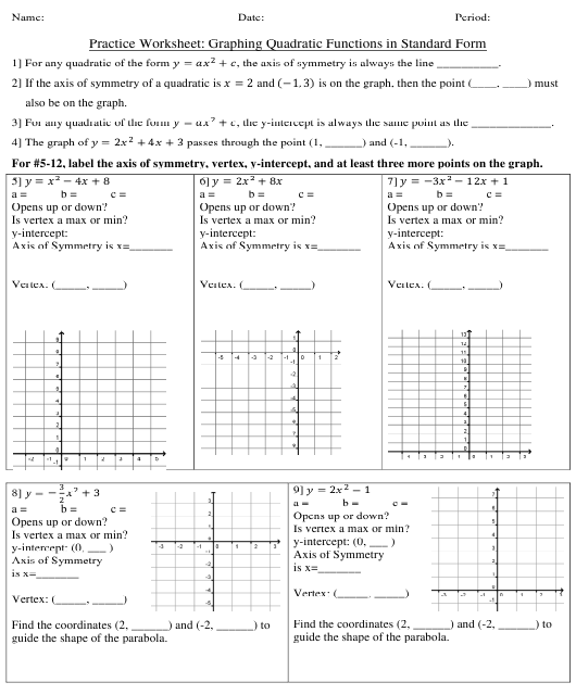 Graphing Quadratic Functions In Standard Form Worksheet Download 