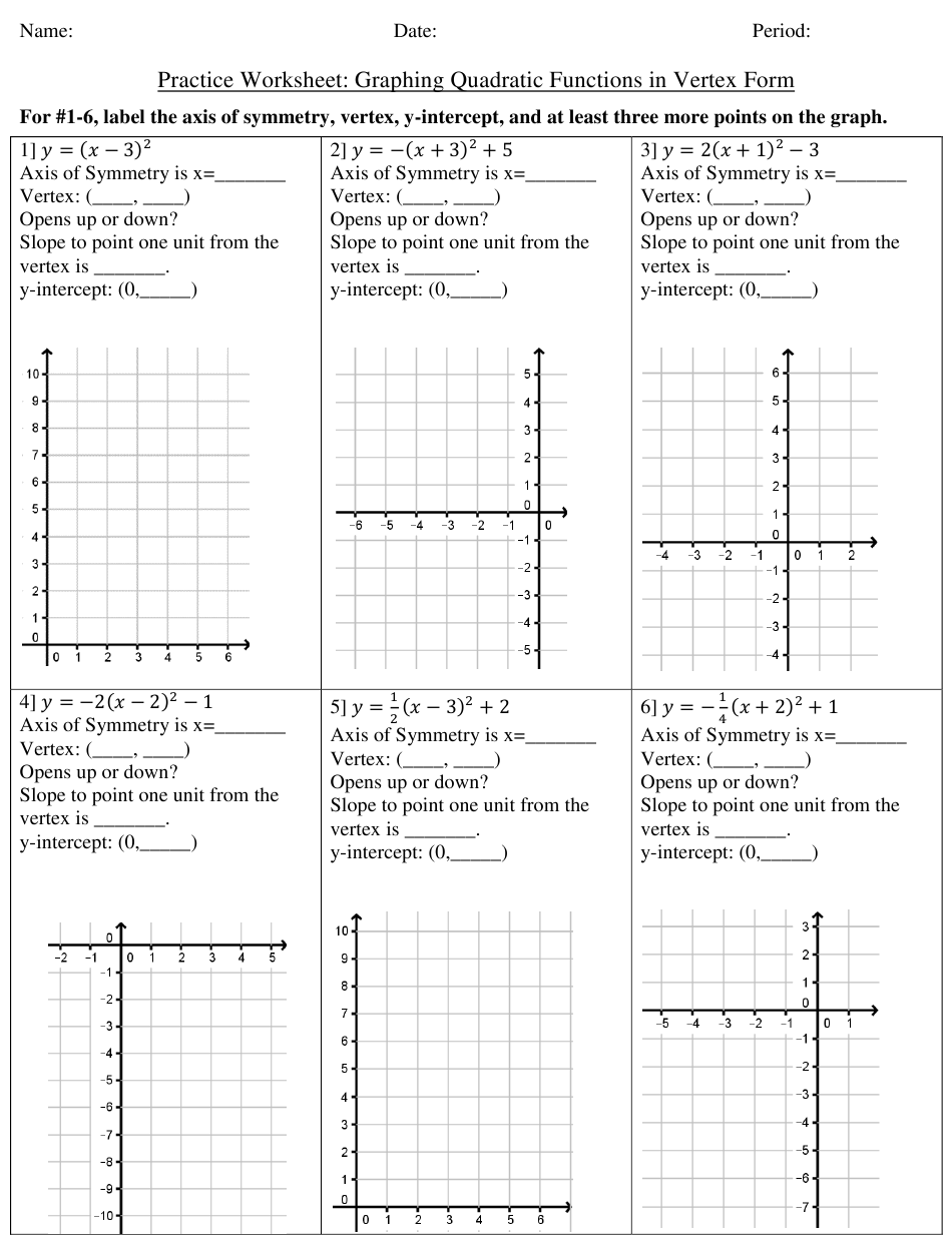 Graphing Quadratic Functions In Vertex Form Practice Worksheet With 