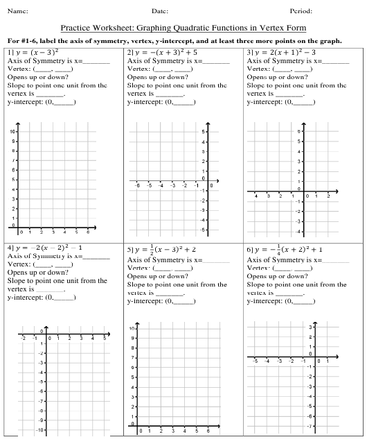 Graphing Quadratic Functions In Vertex Form Practice Worksheet With 