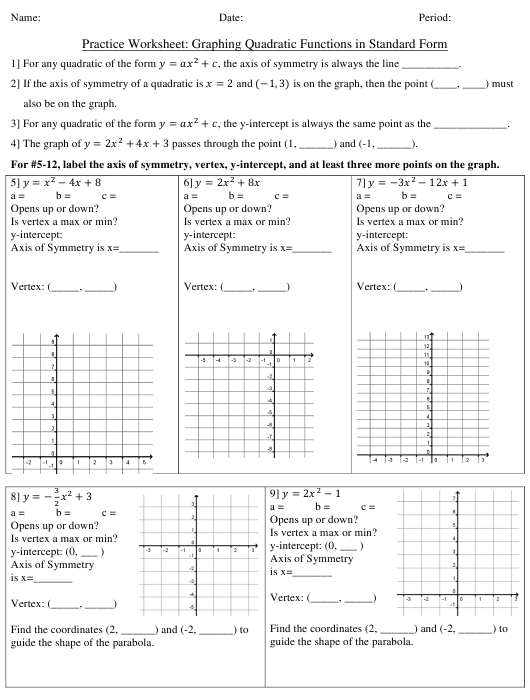 Graphing Quadratics Standard Form Worksheet Quadraticworksheet