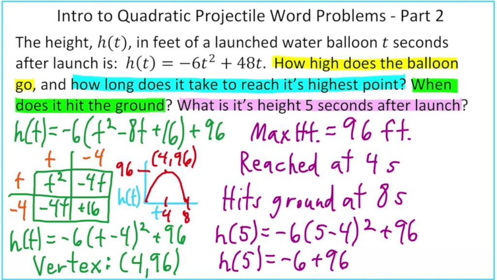 Intro To Quadratic Projectile Word Problems Part 2 YouTube