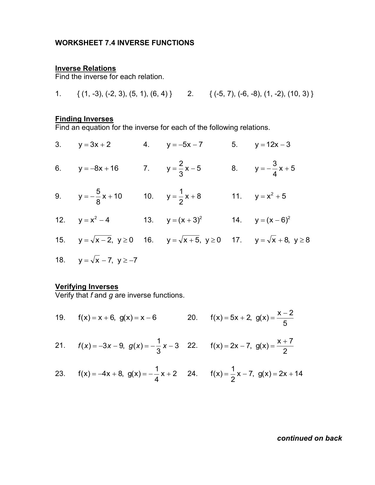 Inverse Functions Worksheet With Answers Word Worksheet