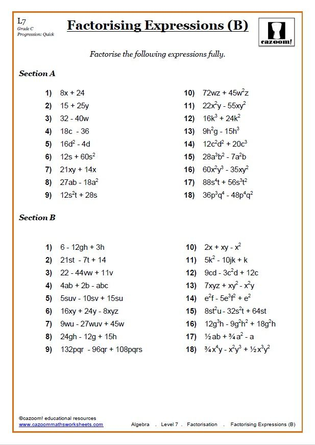 KS3 And KS4 Factorising Worksheets Algebraic Expressions Algebra 