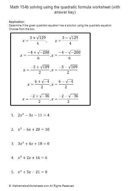 Math 154b Solving Using The Quadratic Formula Worksheet with Answer 