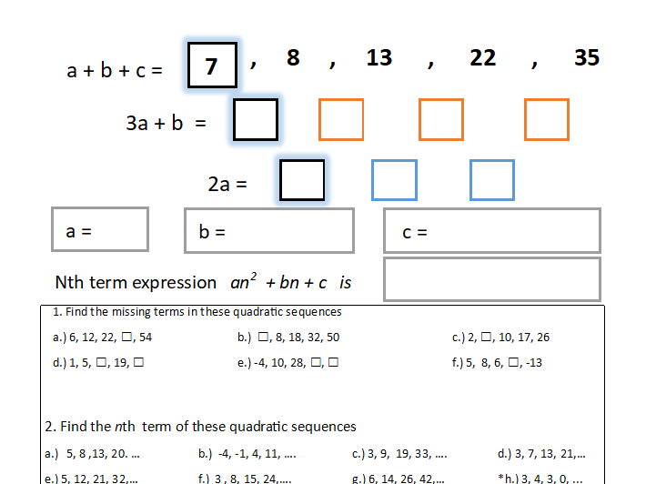 Nth Term Quadratic Sequences Algebraic Method with Answers By Lillet 