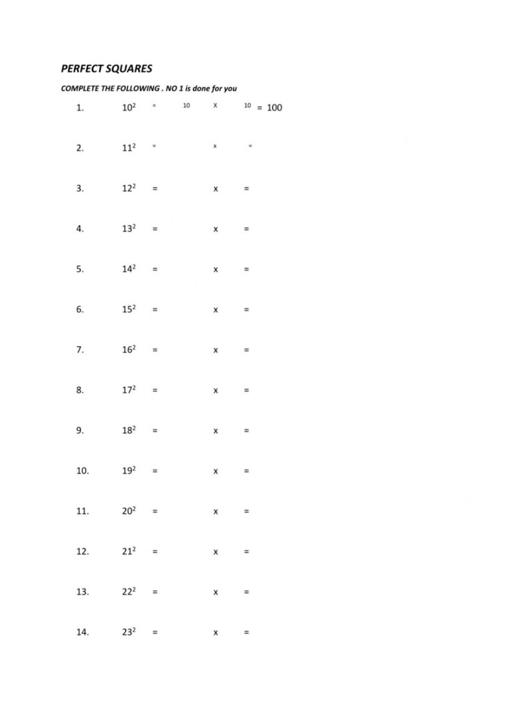 Perfect Squares Worksheet