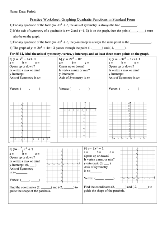Practice Worksheet Graphing Quadratic Functions In Standard Form Printable Pdf Download