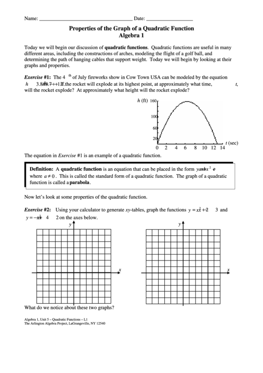 Properties Of The Graph Of A Quadratic Function Worksheet Printable Pdf Download