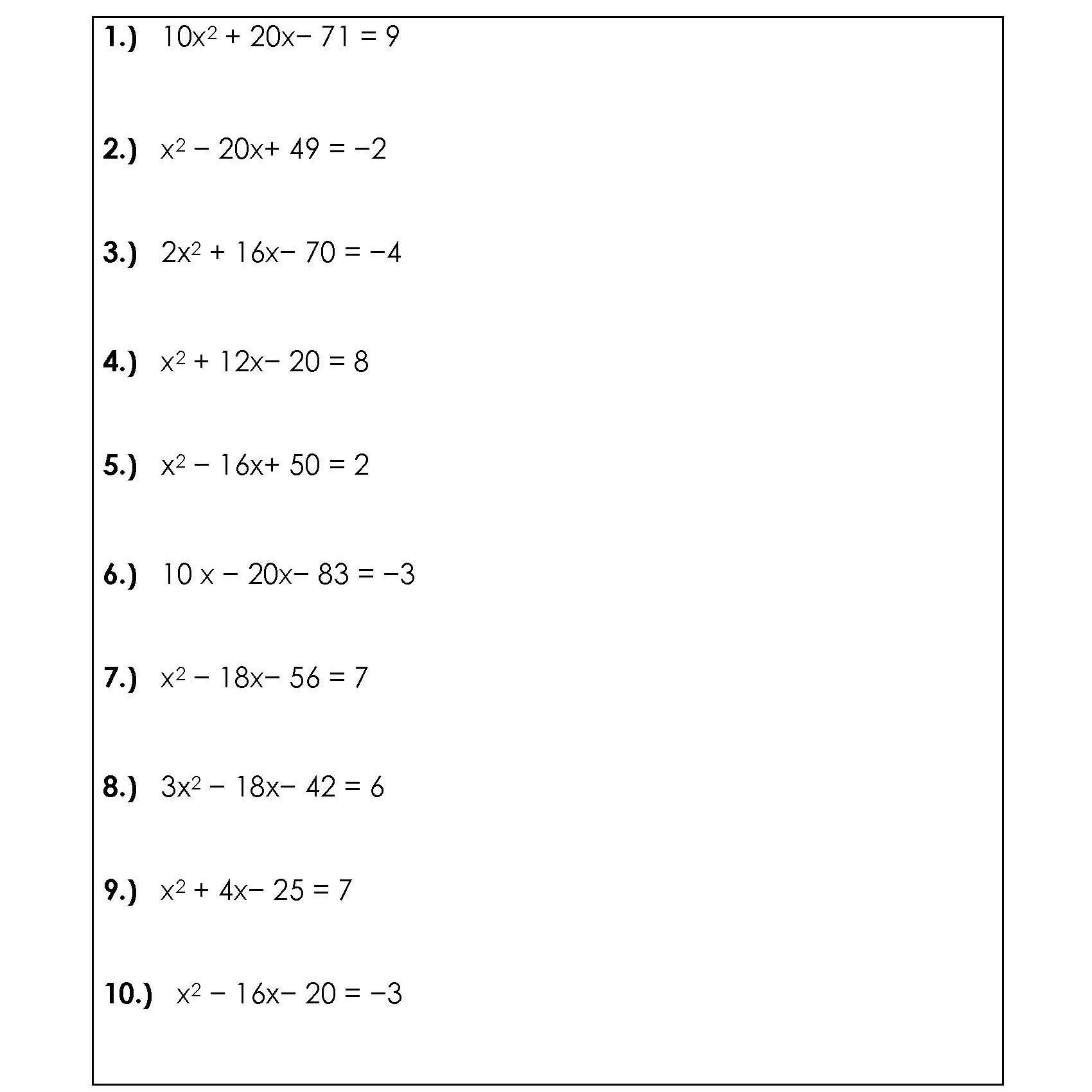 Quadratic Equation Worksheet With Answers