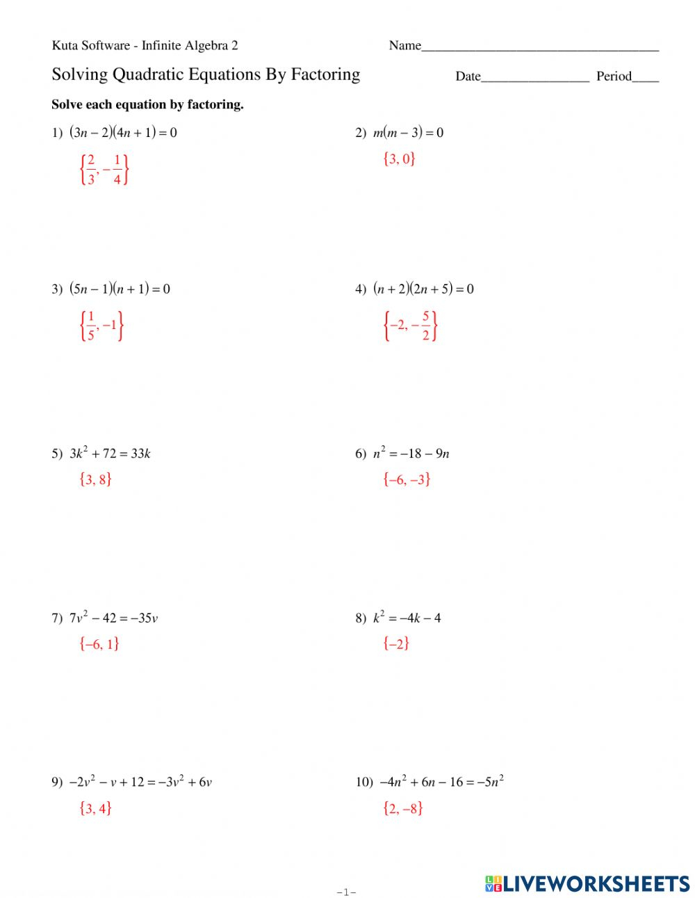 Quadratic Equations Worksheet