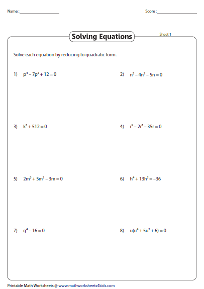 Quadratic Formula Worksheets