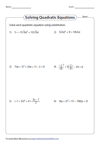 Quadratic Formula Worksheets