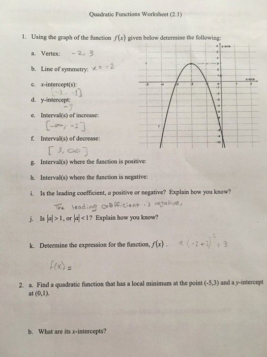 Quadratic Functions Worksheet With Answers Printable Solved Quadratic 