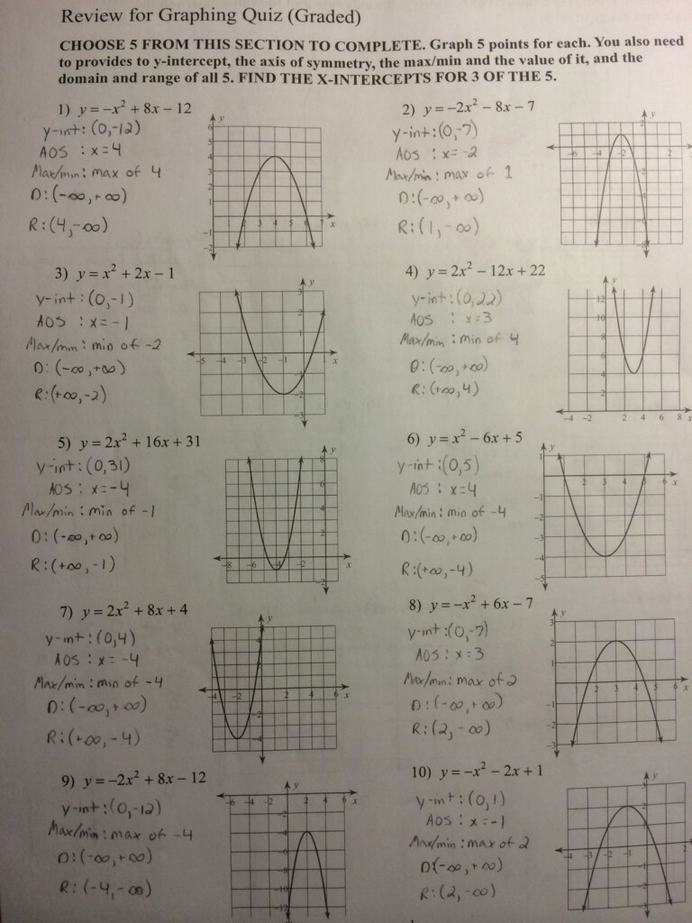 Quadratic Graph Reading Worksheet