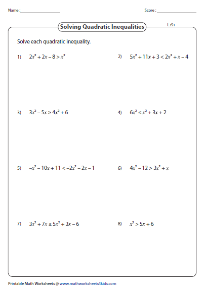 Quadratic Inequalities Worksheets