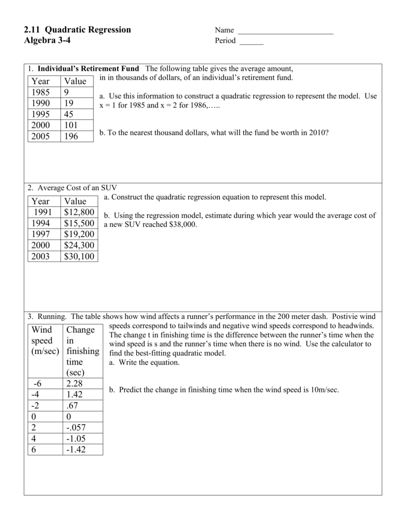 Quadratic Regression Worksheet Regression Using Google Sheets 