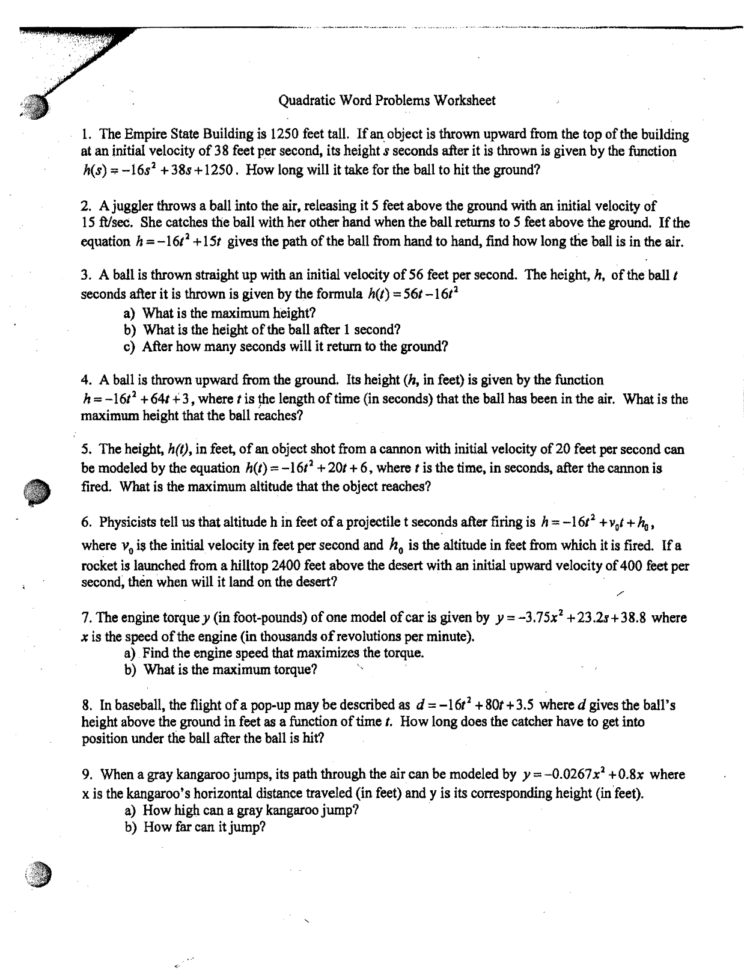 Quadratic Word Problems Worksheet Db excel