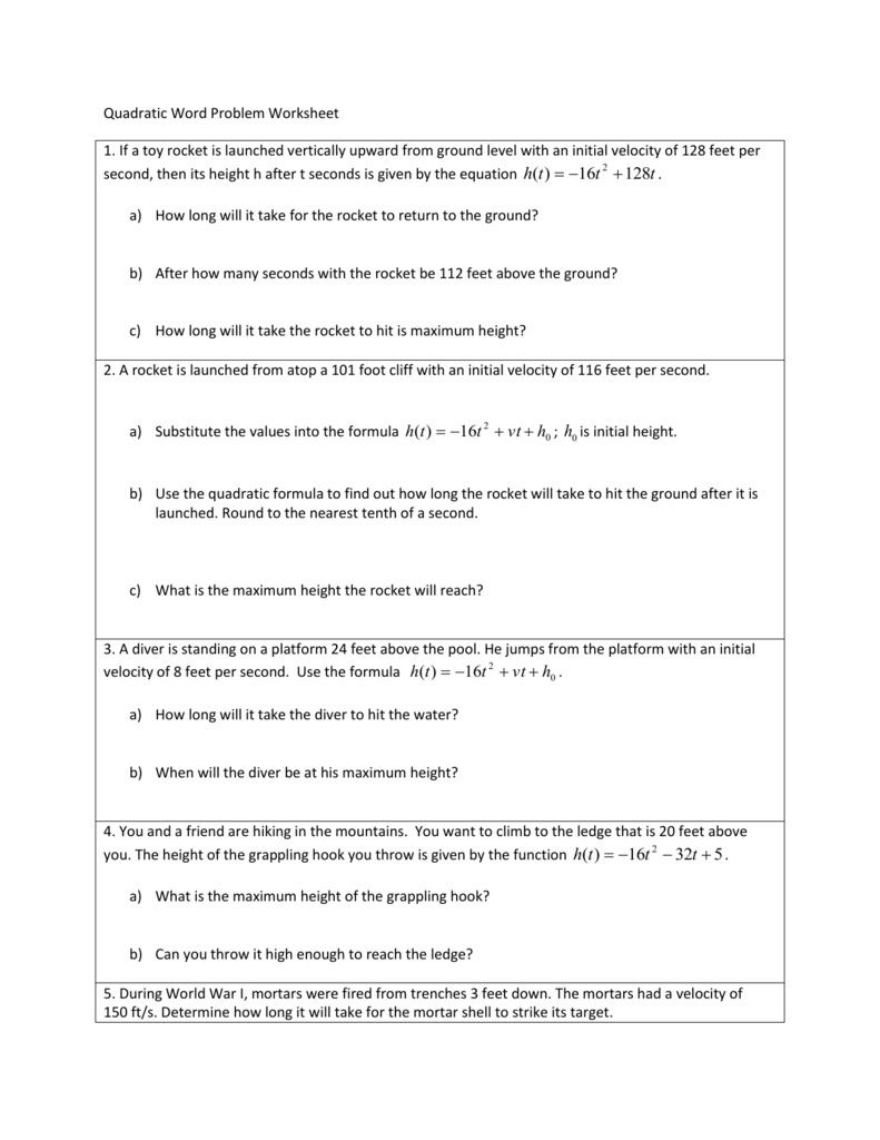 Quadratic Word Problems Worksheet With Answers