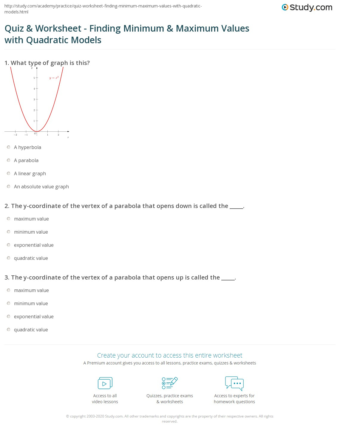 Quiz Worksheet Finding Minimum Maximum Values With Quadratic 