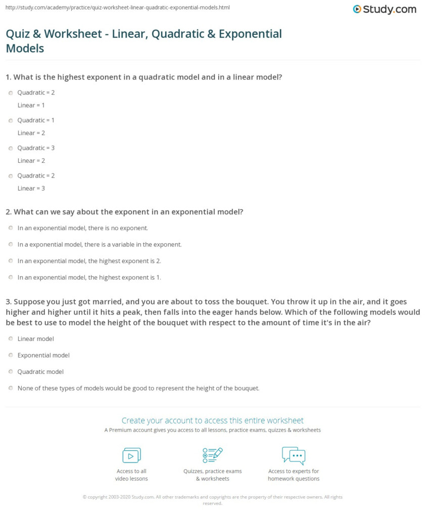 Quiz Worksheet Linear Quadratic Exponential Models Study