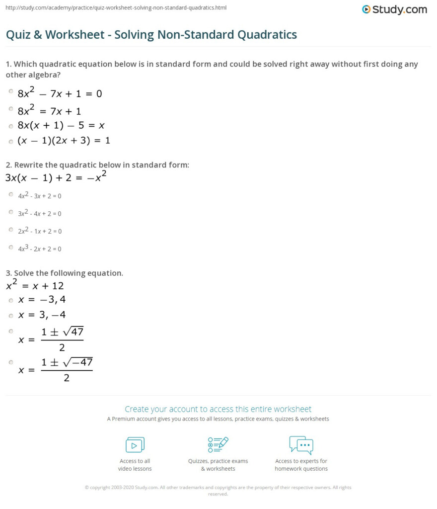 Quiz Worksheet Solving Non Standard Quadratics Study