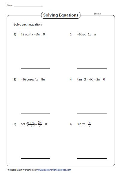 Solve Trigonometric Equations Printable Math Worksheets Solving 