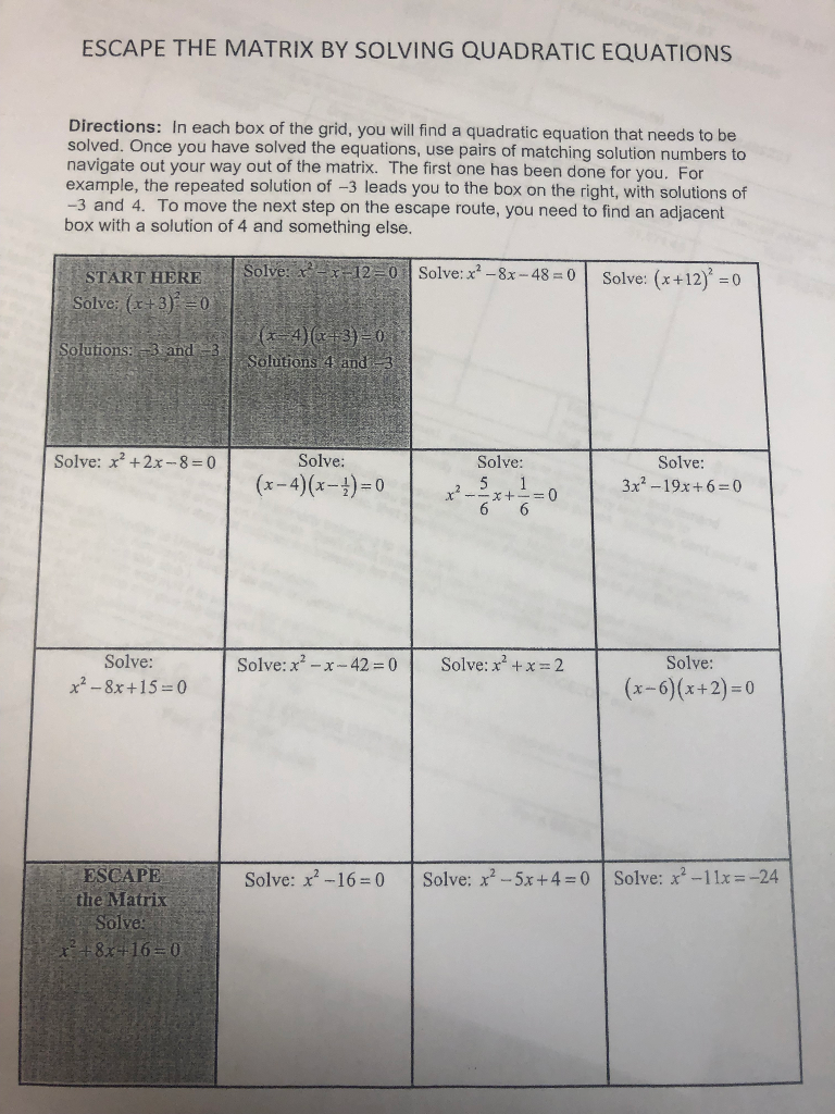 Solved ESCAPE THE MATRIX BY SOLVING QUADRATIC EQUATIONS D Chegg