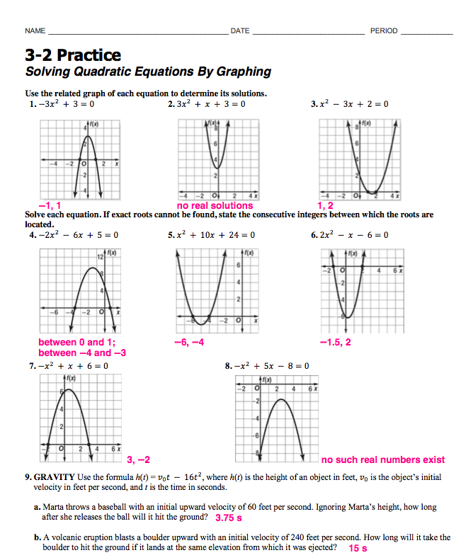 Solving And Graphing Quadratic Functions Worksheet Answers Function 
