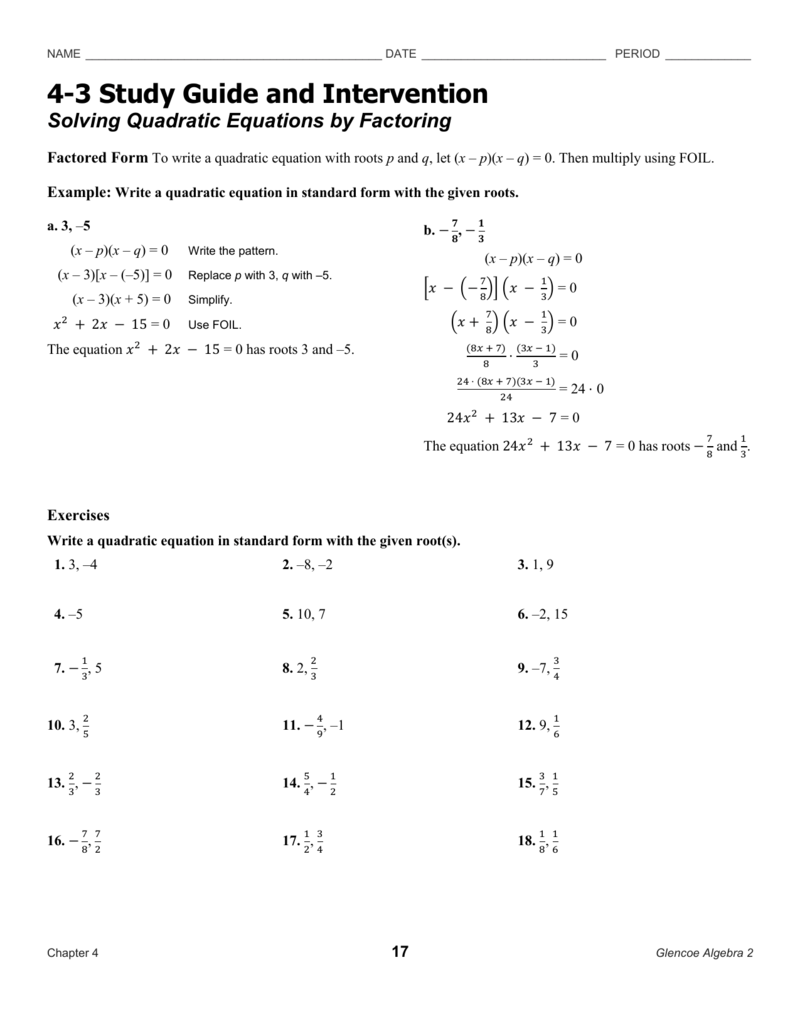Solving Quadratic Equations By Factoring Algebra 2 Answer Key
