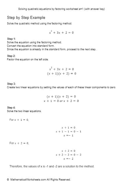 Solving Quadratic Equations By Factoring Worksheet A 1 with Answer Key 