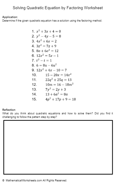 Solving Quadratic Equations By Factoring Worksheet 