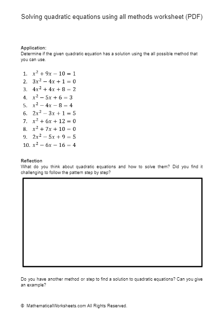 Solving Quadratic Equations Using All Methods Worksheet PDF 