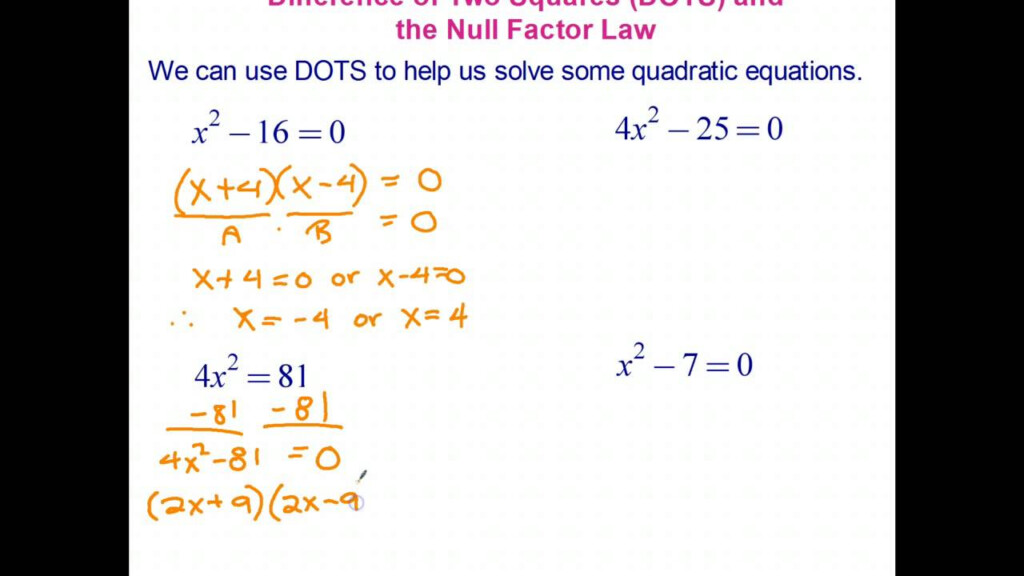 Solving Quadratic Equations Using The Difference Of Two Squares DOTS 