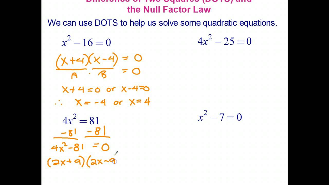 Solving Quadratic Equations Using The Difference Of Two Squares DOTS 