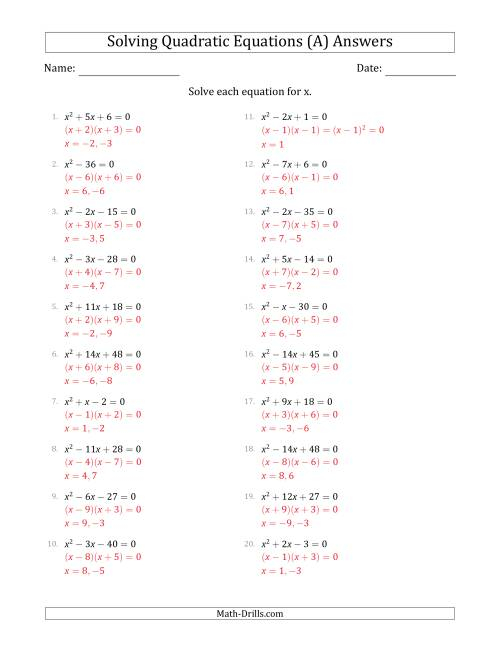 Solving Quadratic Equations With Positive a Coefficients Of 1 A 