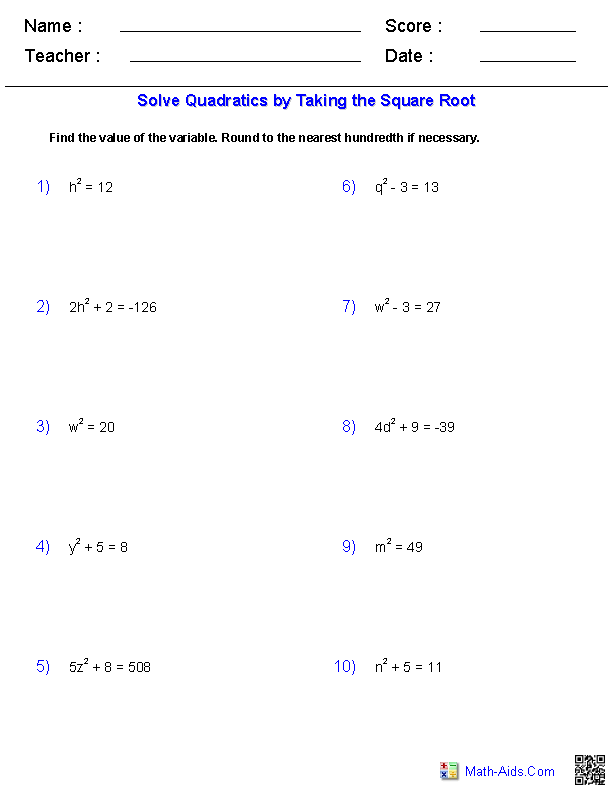 Solving Quadratic Equations Worksheet