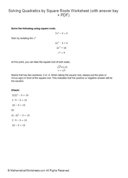 Solving Quadratics By Square Roots Worksheet with Answer Key PDF 
